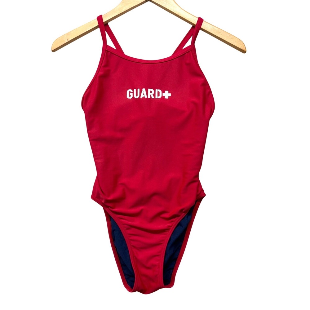 Girls Red Lifeguard One Piece Swimsuit Guard+ Graphic Crossback Swim Suit